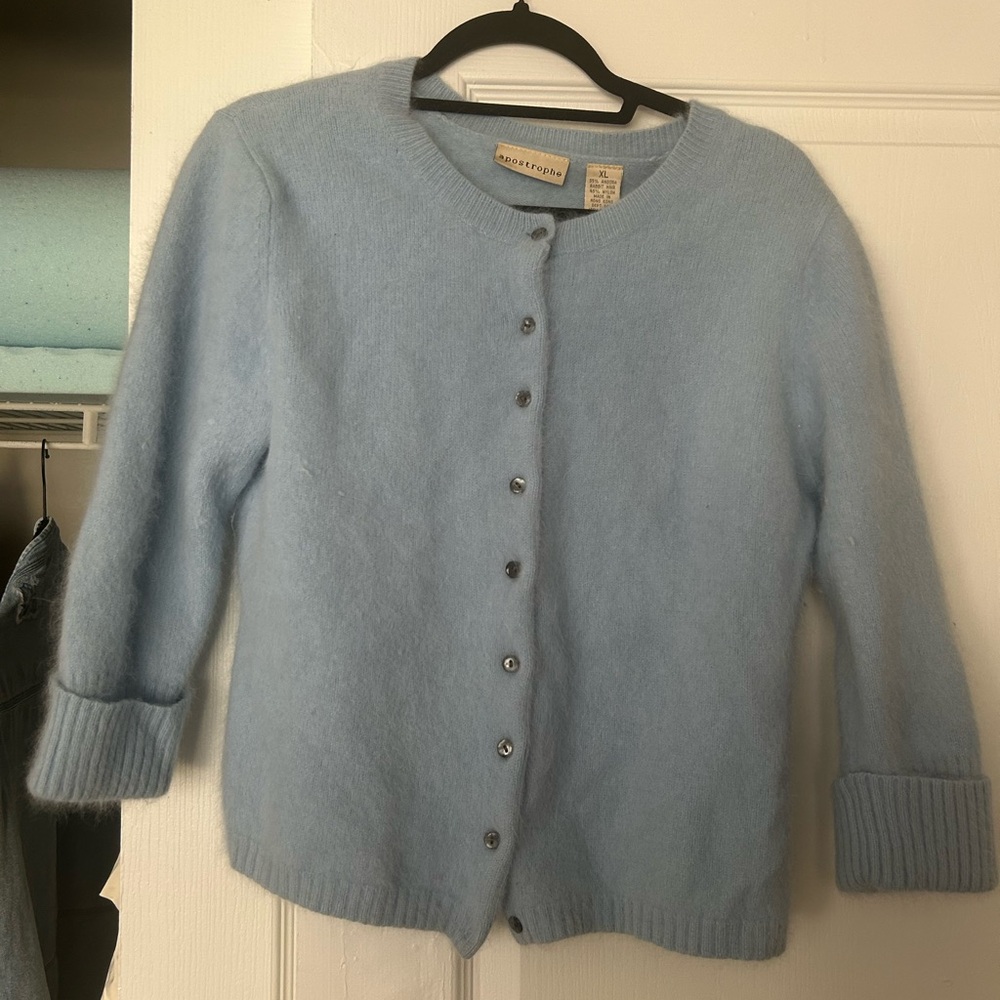 Vintage Apostrophe Blue Angora Rabbit Hair Cardigan